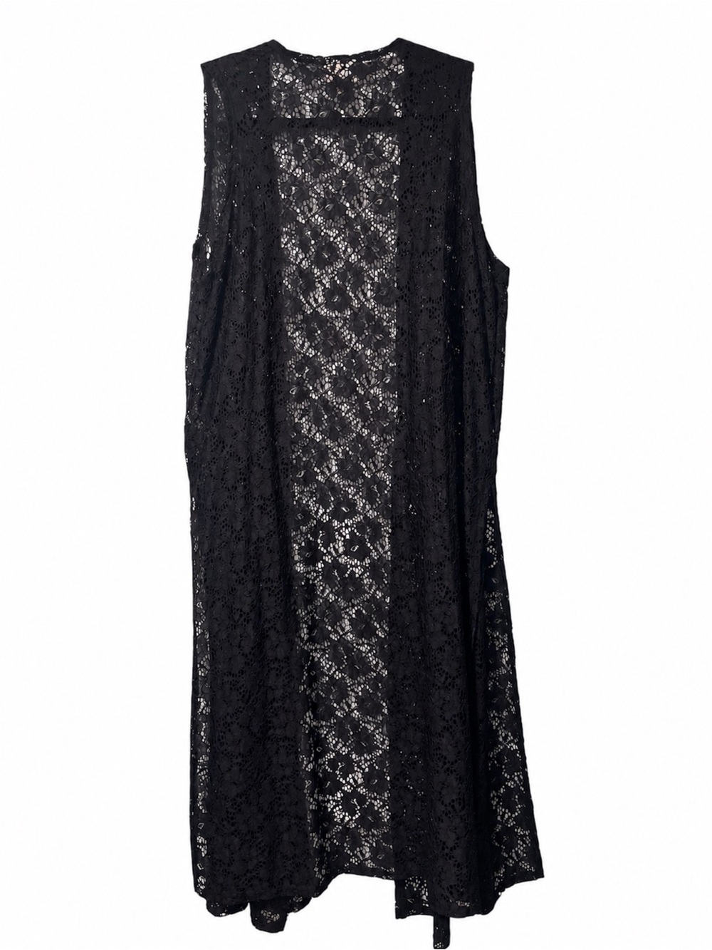 LulaRoe Joy Black Floral Lace Long Duster Vest Cardigan Open Front Size Medium
